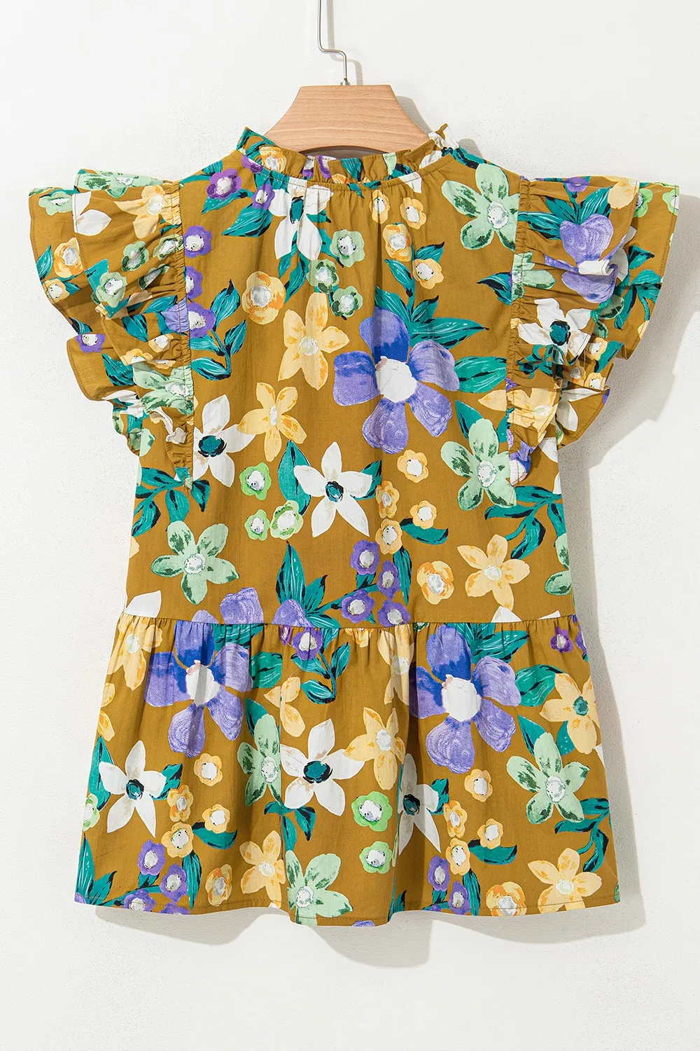 Floral Print Ruffle Cap Sleeve Tie Neck Top, image 4