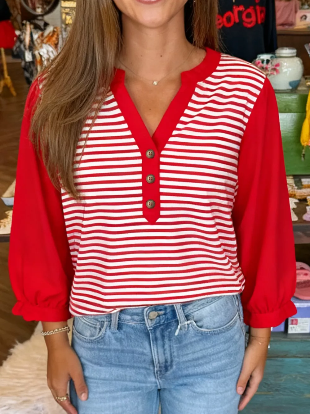 Striped Button-Detail Long Sleeve Top