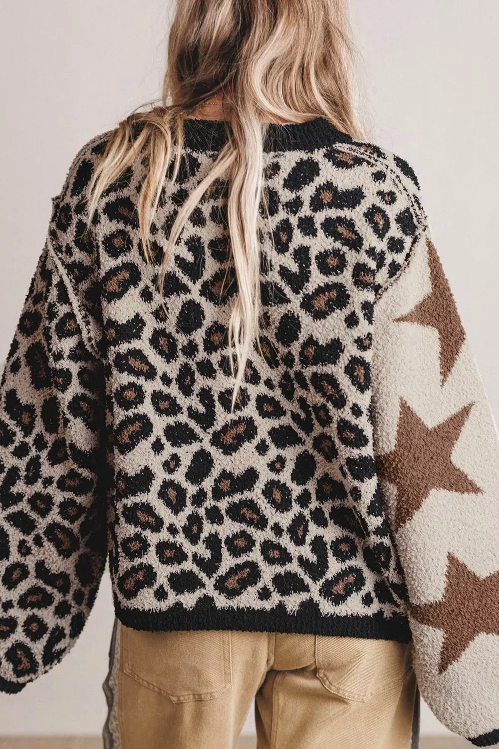 Leopard Star Pattern Round Neck Long Sleeve Shift Sweater, image 2