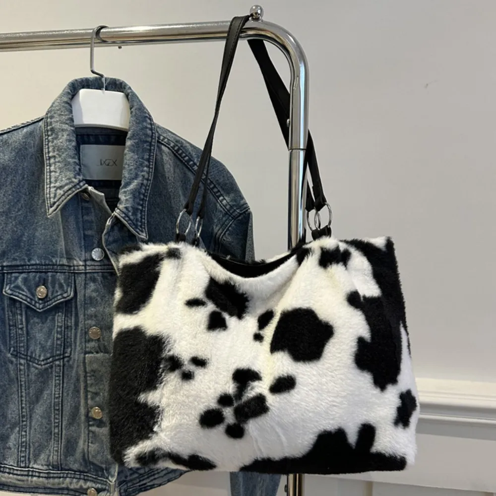 Cow Print Furry Tote Bag, image 7