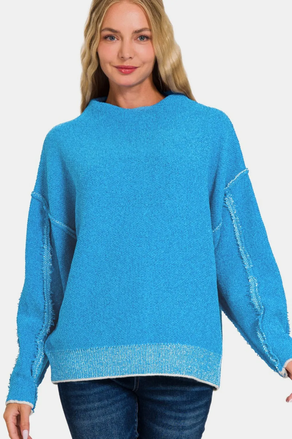 Exposed Seam Mock Neck Long Sleeve Sweater, image 3
