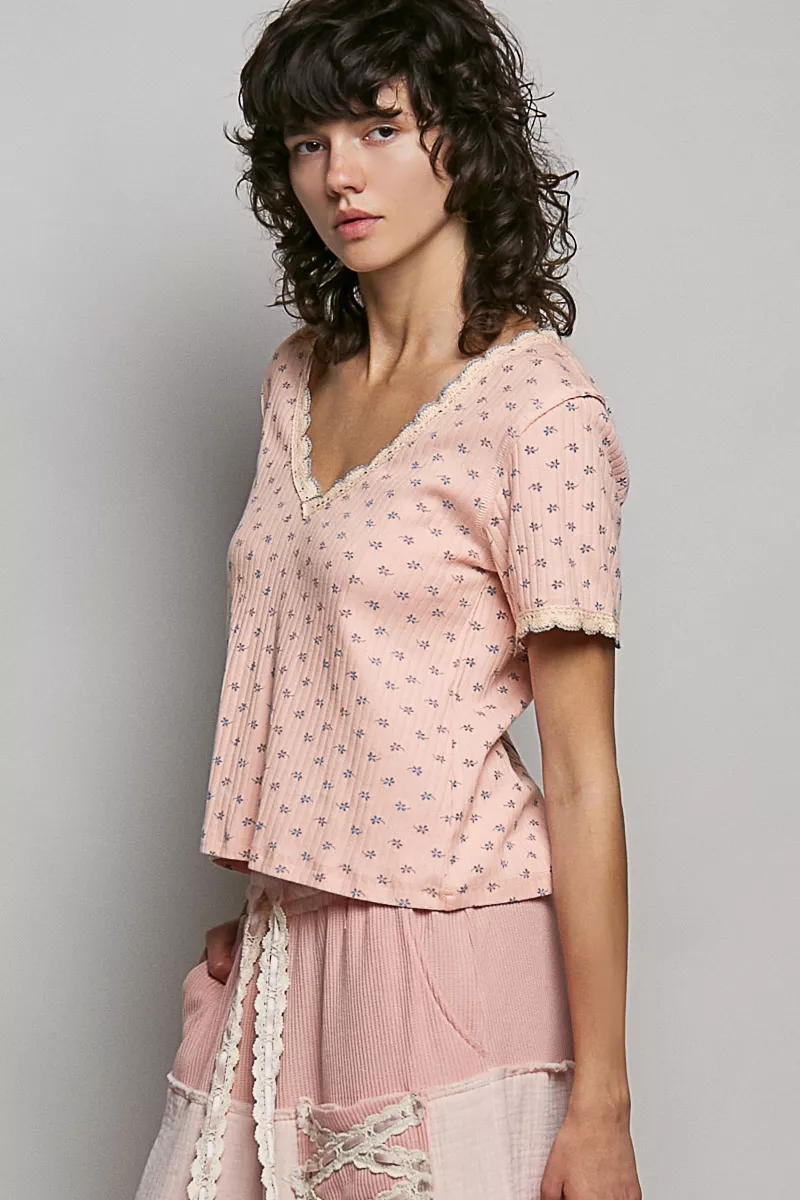 Floral V-Neck Short Sleeve Rib T-Shirt, image 3