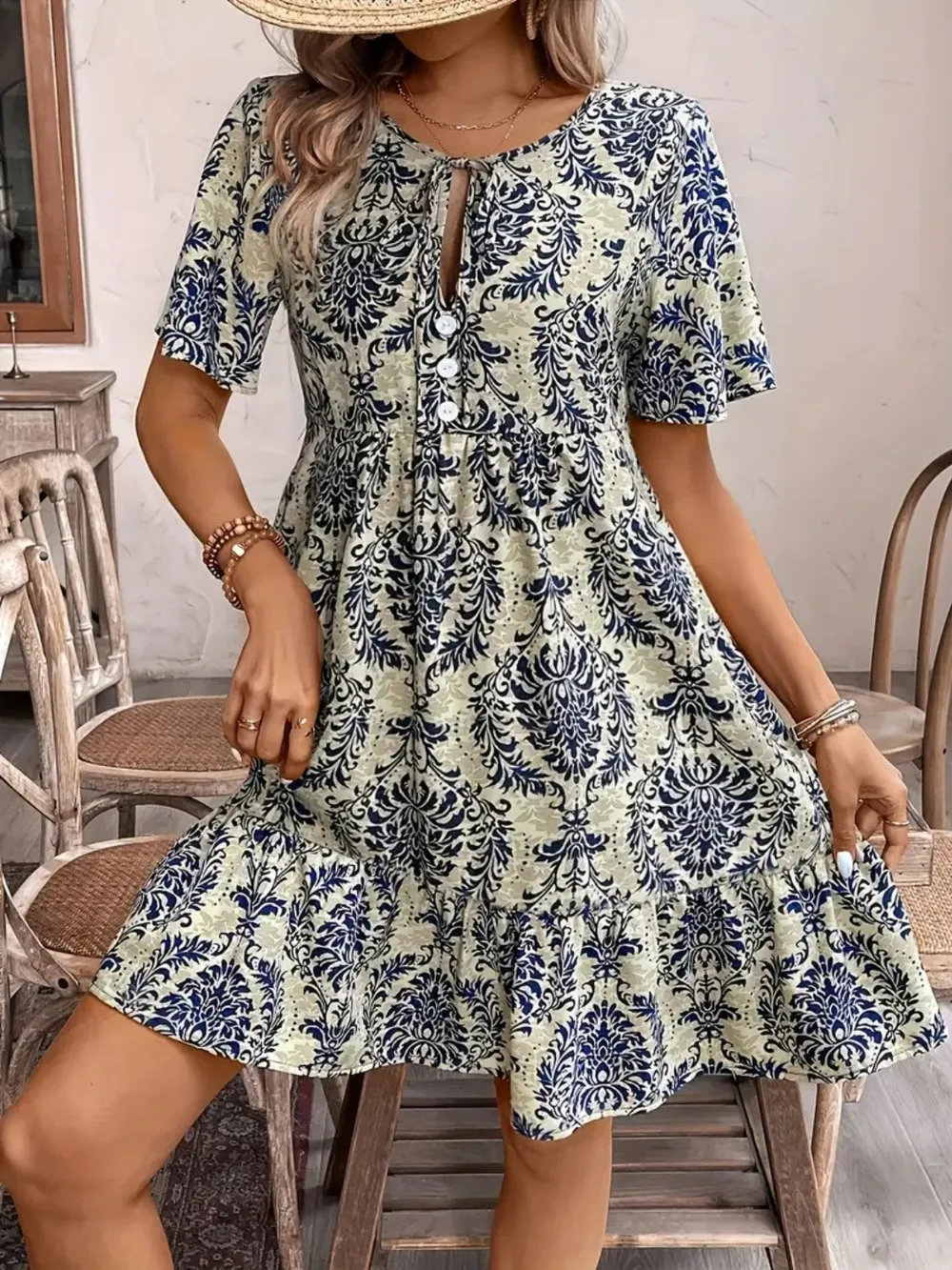 Printed Tie Neck Short Sleeve Dress, image 6
