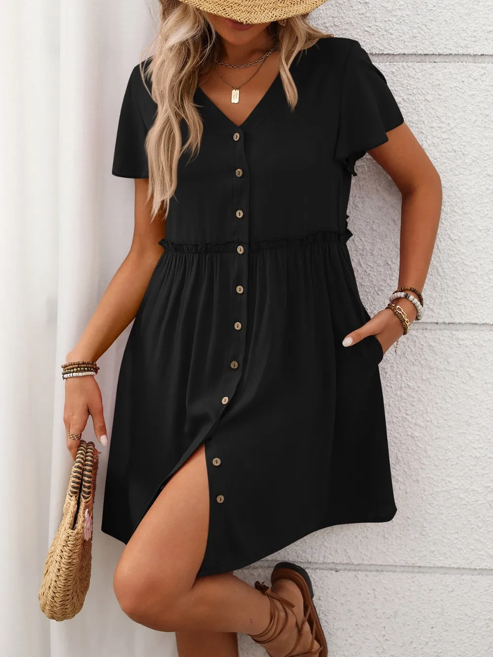 Button Front Flutter Sleeve Dress, image 12
