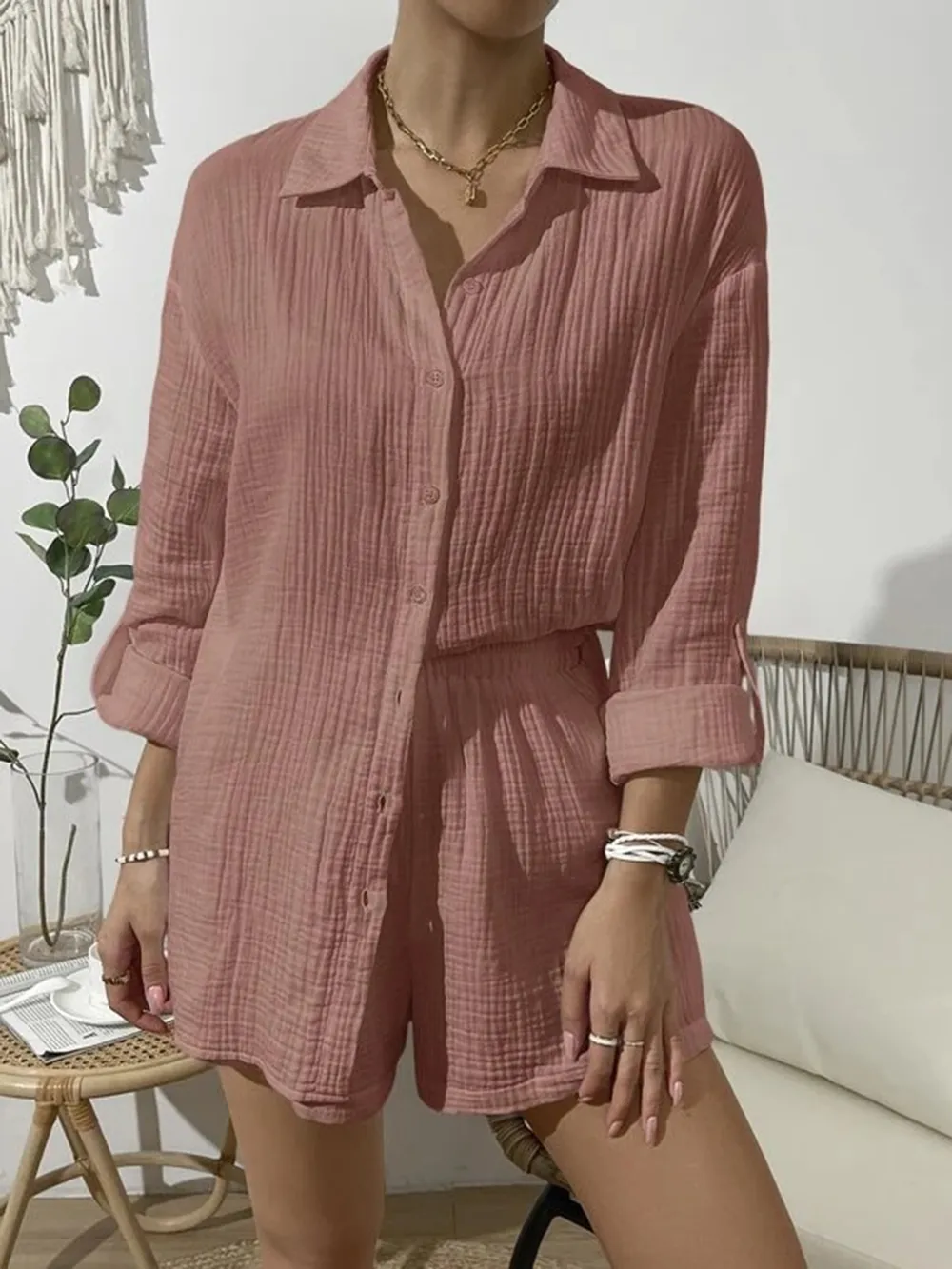 Dropped Shoulder Button Up Top and Elastic Waist Shorts Set, image 23