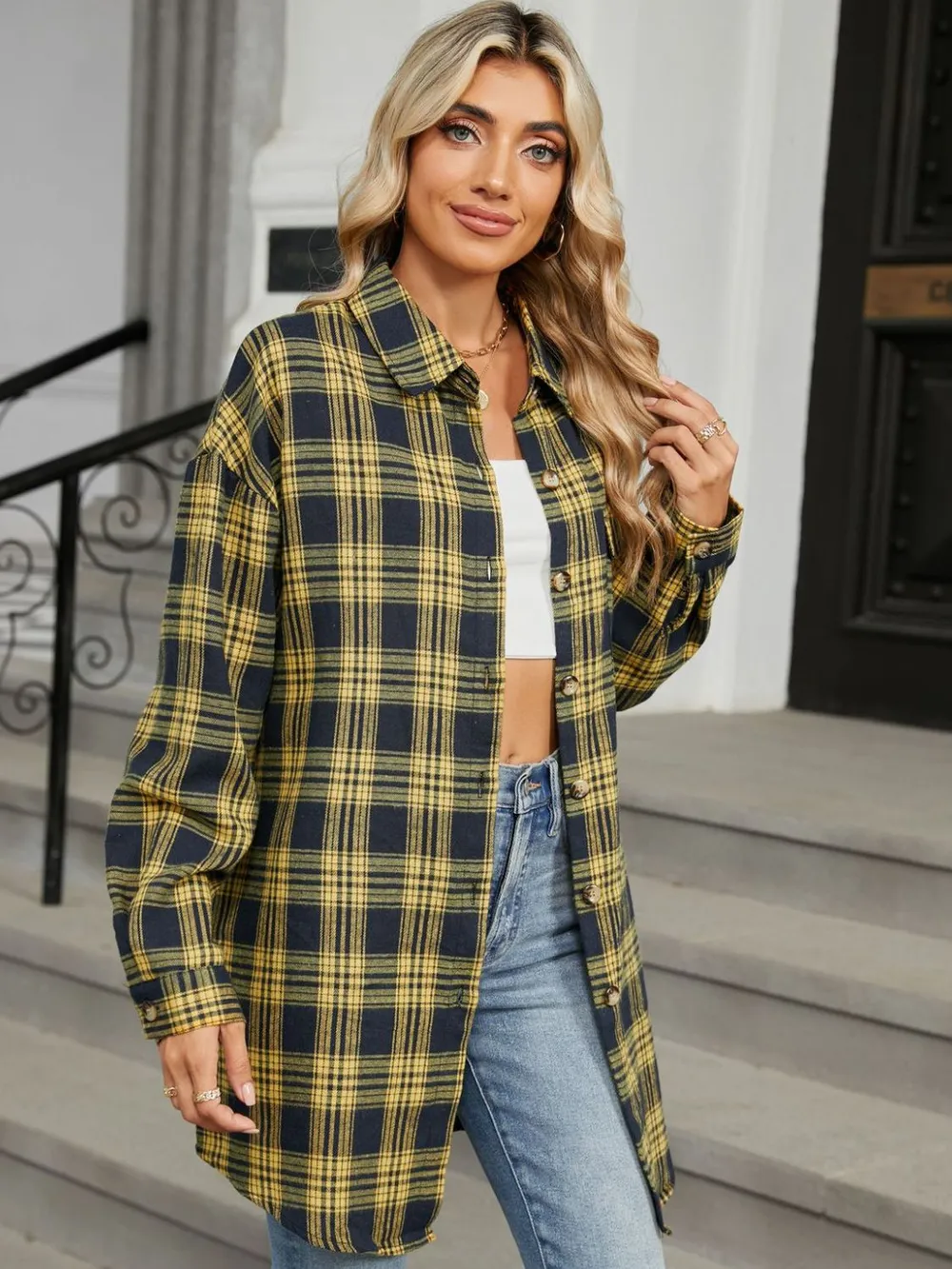 Plaid Collared Neck Long Sleeve Shirt, image 19