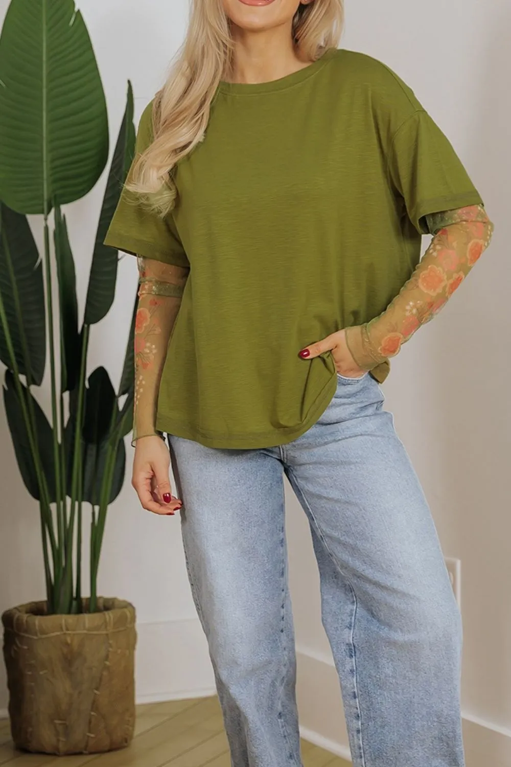 Round Neck Mesh Long Sleeve T-Shirt, image 6