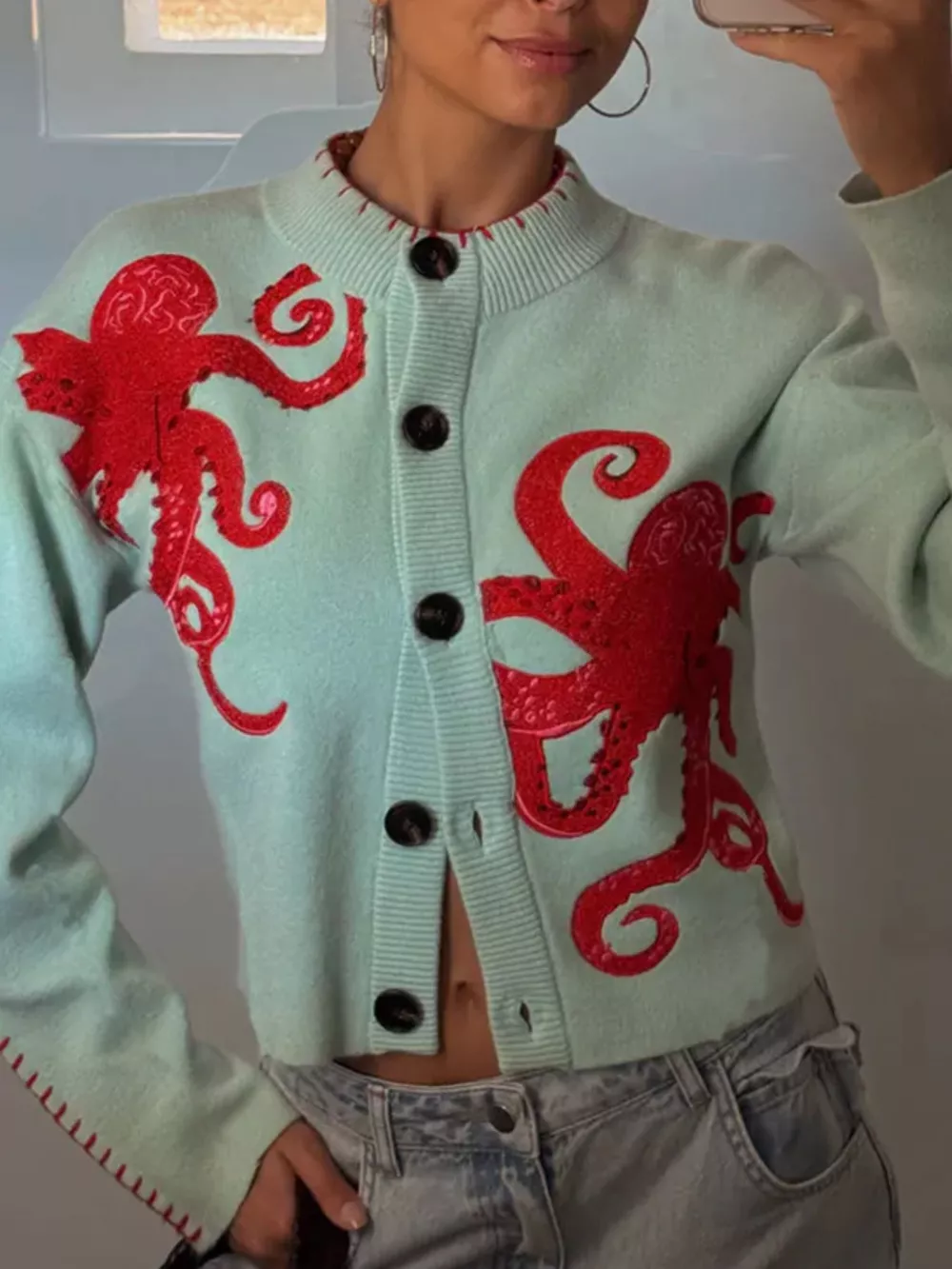 Octopus Button Up Cropped Cardigan, image 4