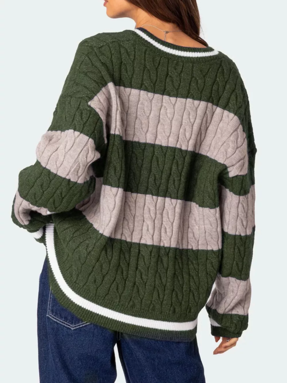 Striped Cable Knit V-Neck Sweater, image 17