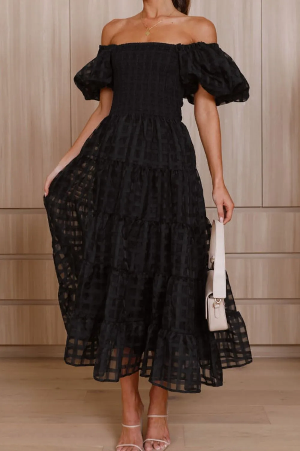 Off Shoulder Short Puff Sleeve Midi Dress, image 9