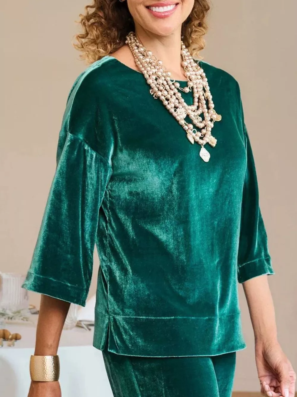 Velvet Boat-Neck T-Shirt with Three-Quarter Sleeves, image 8