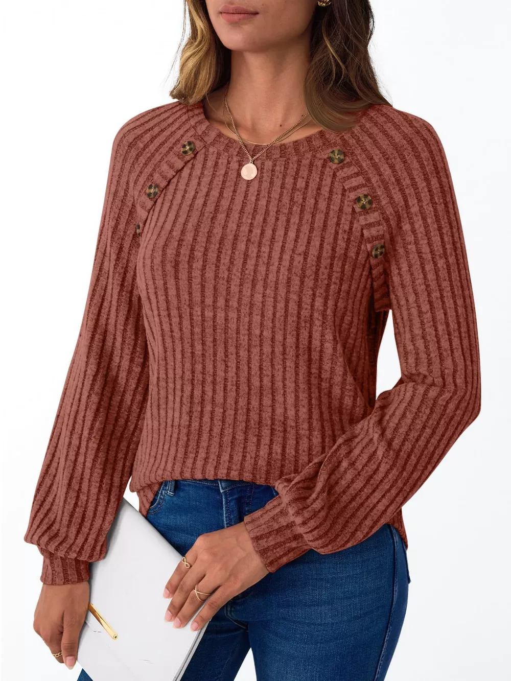 Ribbed Knit Decor Button Long Sleeve T-Shirt, image 23