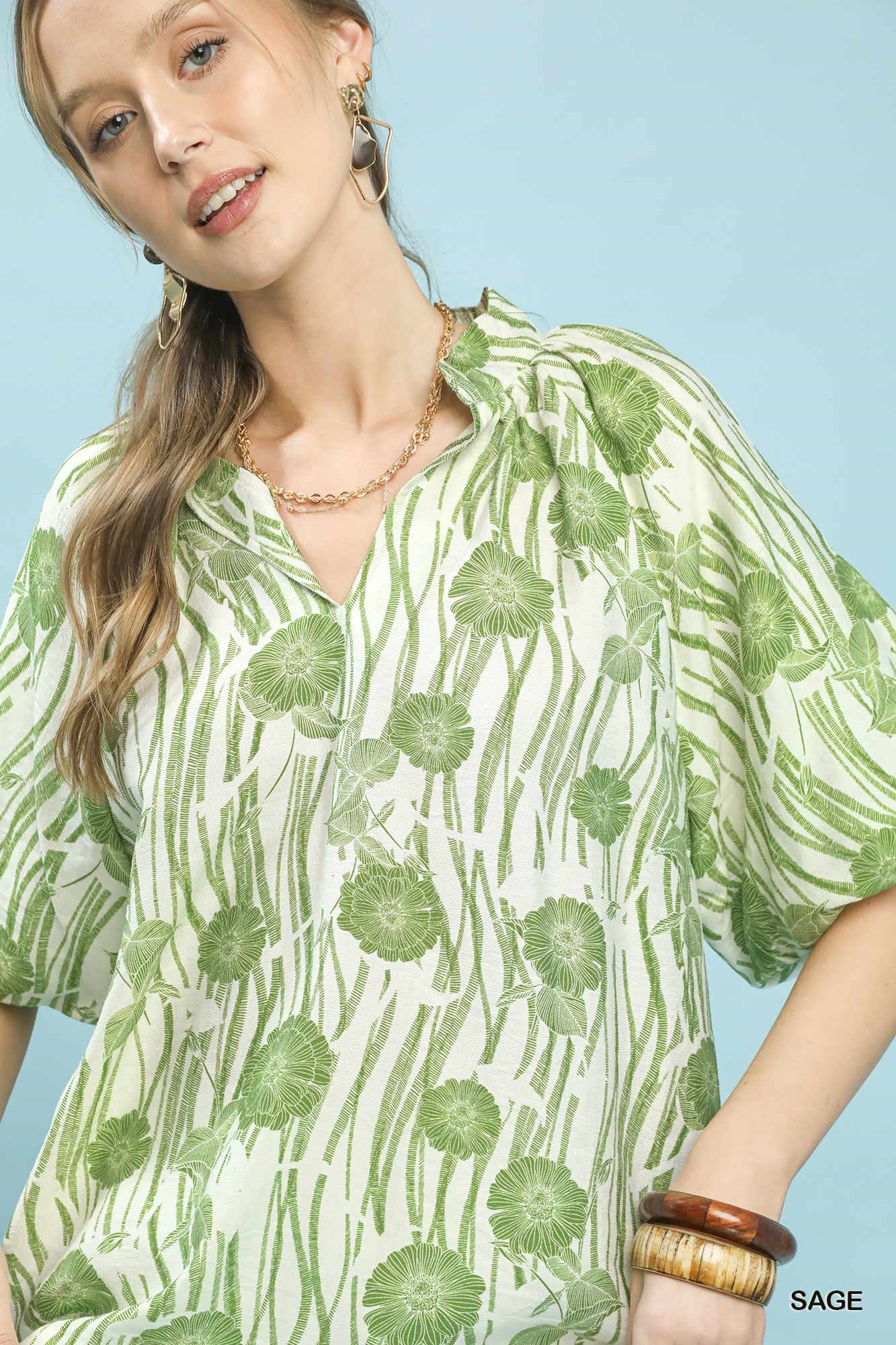 Floral Scalloped Edge Puff Sleeve Blouse with High-Low Curved Hem, image 5