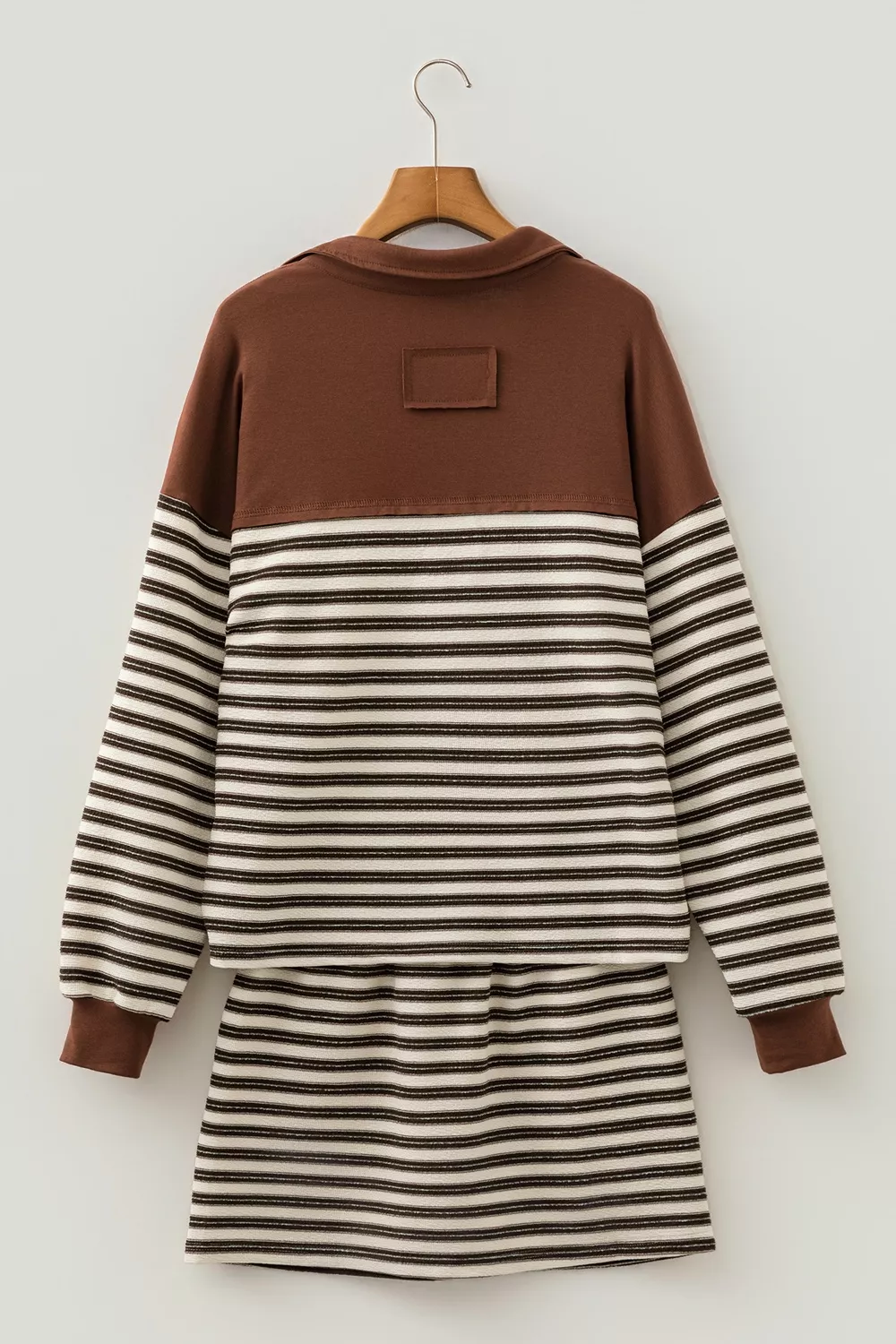 Stripe Contrast Trim Button Neck Long Sleeve Top Drawstring Mini Skirt Set, image 8