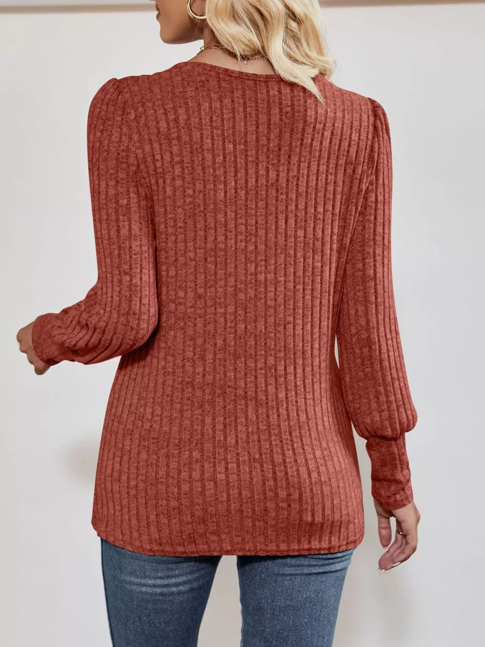 Ribbed Knit Slit Long Sleeve T-Shirt, image 7