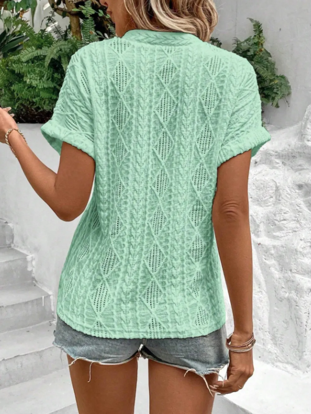 Openwork Notched Short Sleeve Blouse, image 6
