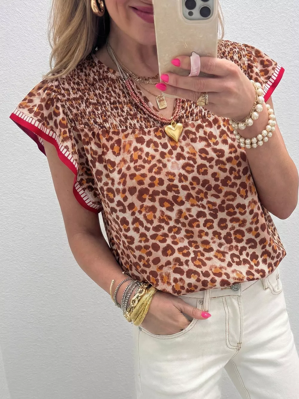Leopard Print Smocked Notched Blouse