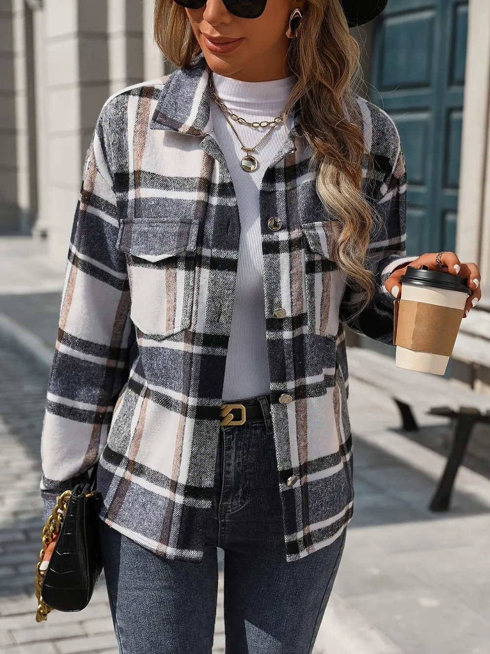 Plaid Button Up Drop Shoulder Jacket, image 4
