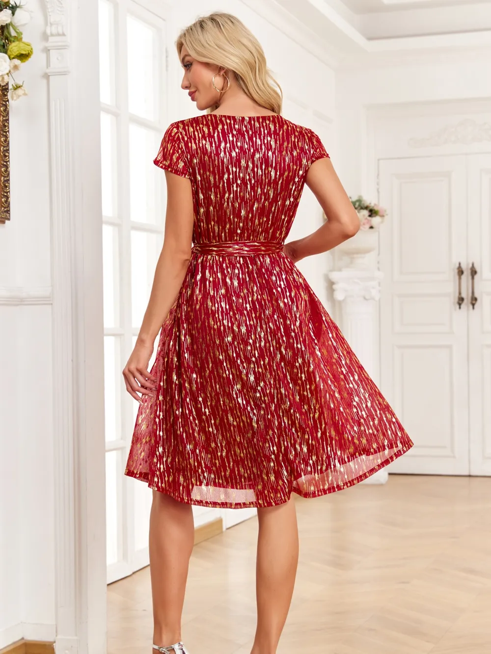 V-Neck Metallic Print Dress, image 4