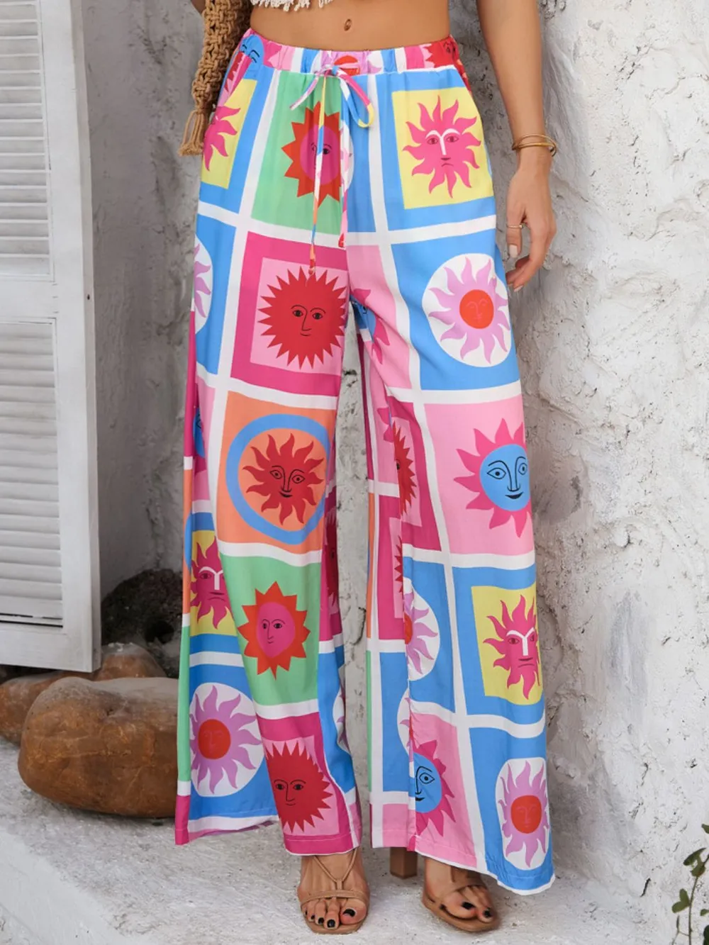 Drawstring Printed Wide Leg Pants, image 14