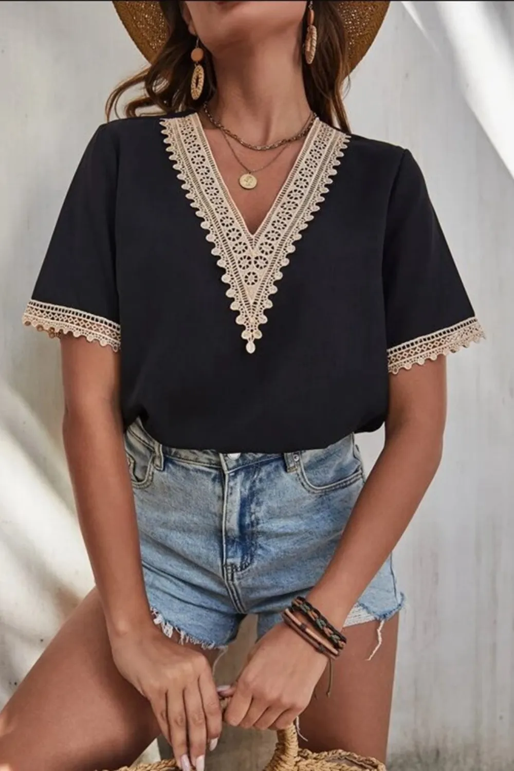 Full Size Lace Detail V-Neck Short Sleeve Blouse Plus Size, image 8
