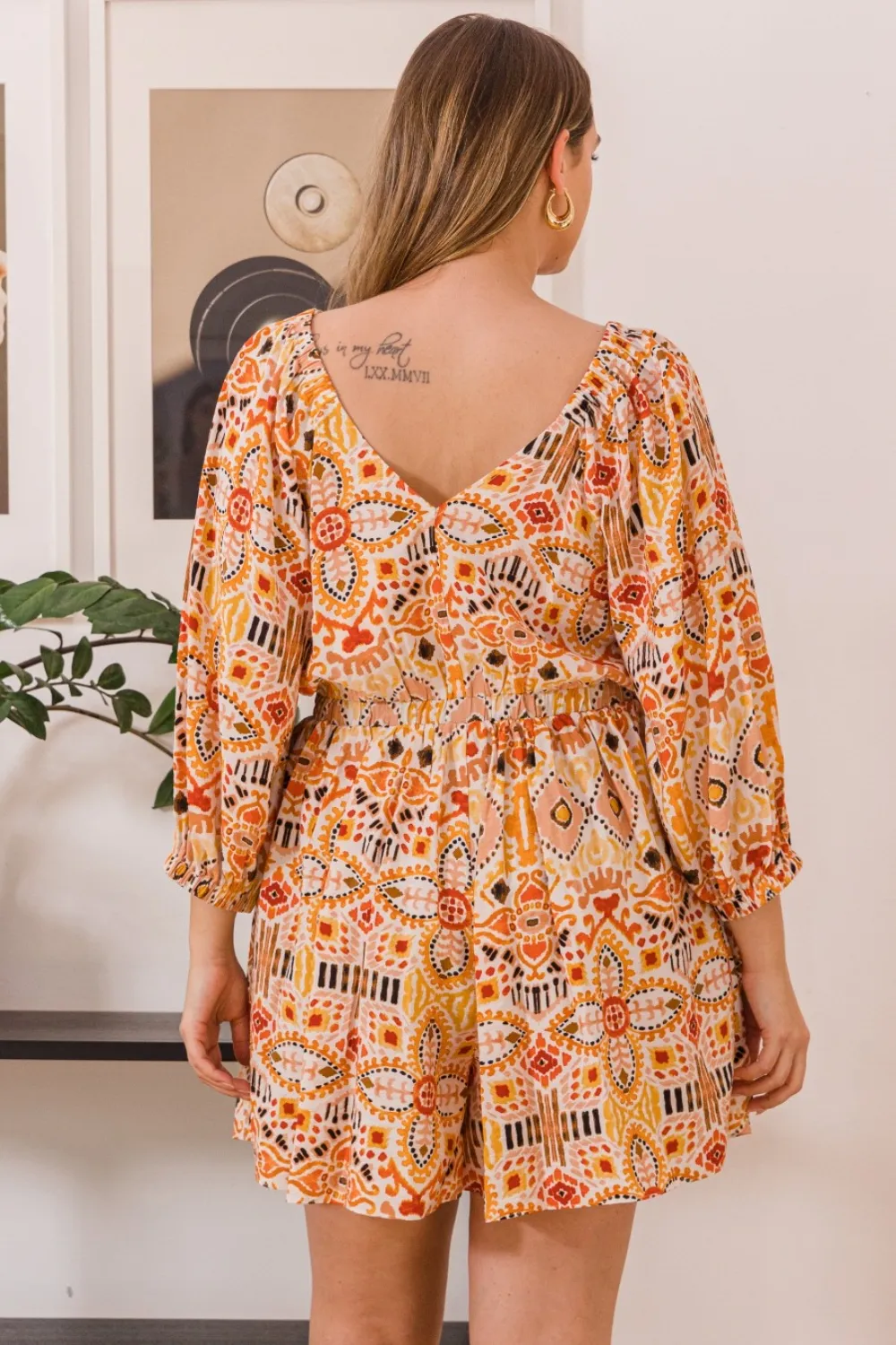 Full Size Printed Ruff Sleeve Romper with Pockets, image 2