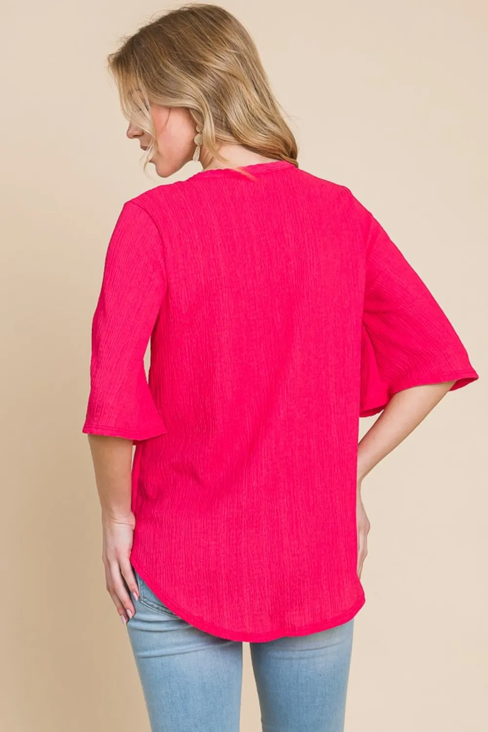 Texture Decorative Button V-Neck Top, image 2