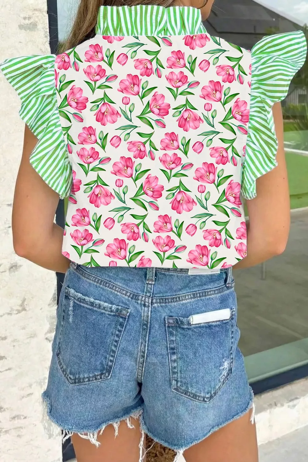 Floral Print Striped Ruffle Trim V Neck Blouse, image 4