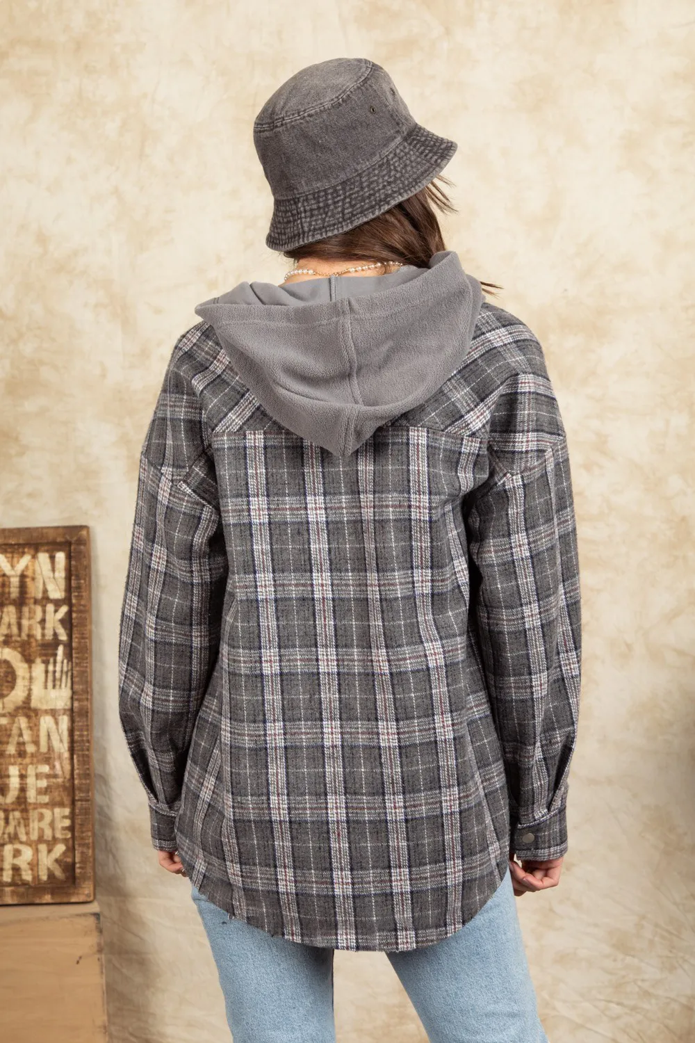 Drawstring Plaid Long Sleeve Hooded Jacket, image 7