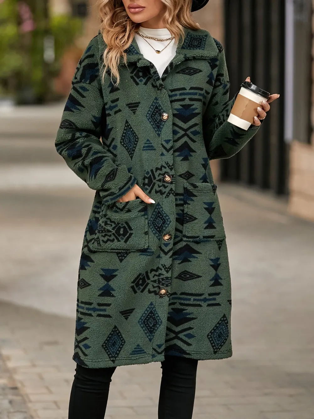 Geometric Pocketed Dropped Shoulder Coat, image 11