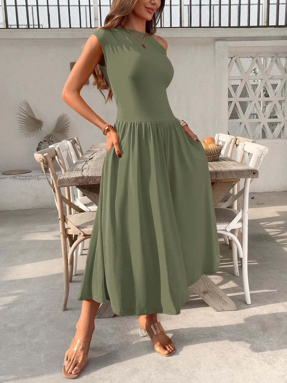 Single Shoulder Midi Dress with Pockets, image 6