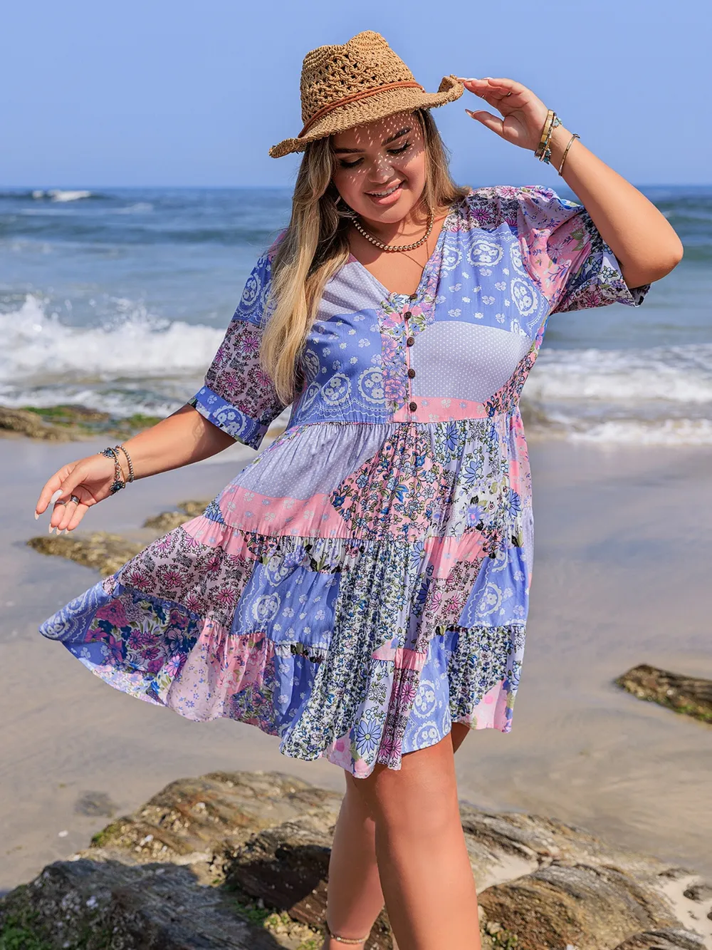 Plus Size Printed V-Neck Tiered Mini Dress, image 2