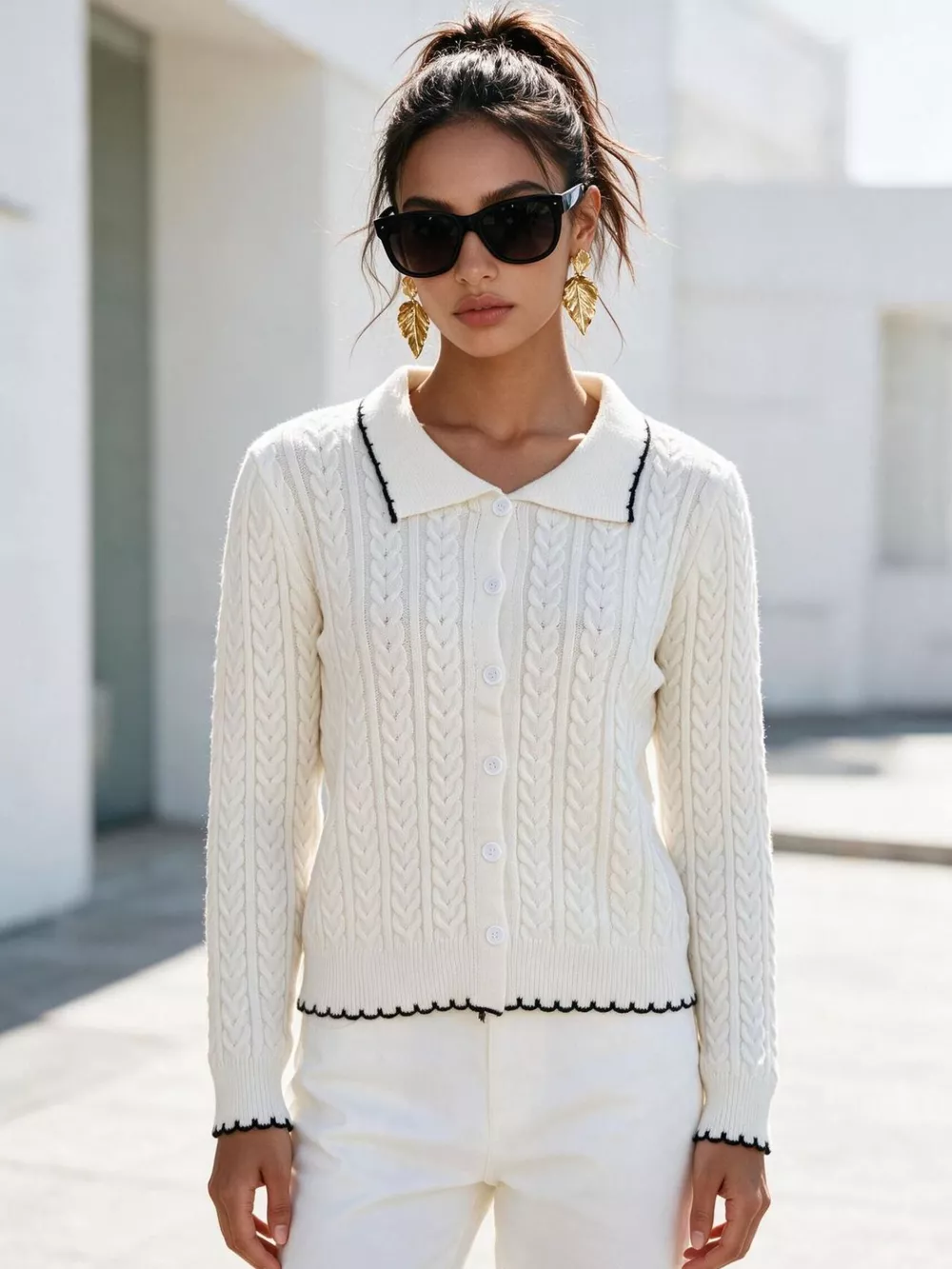 Cable Knit Polo Collar Button-Up Cardigan, image 10