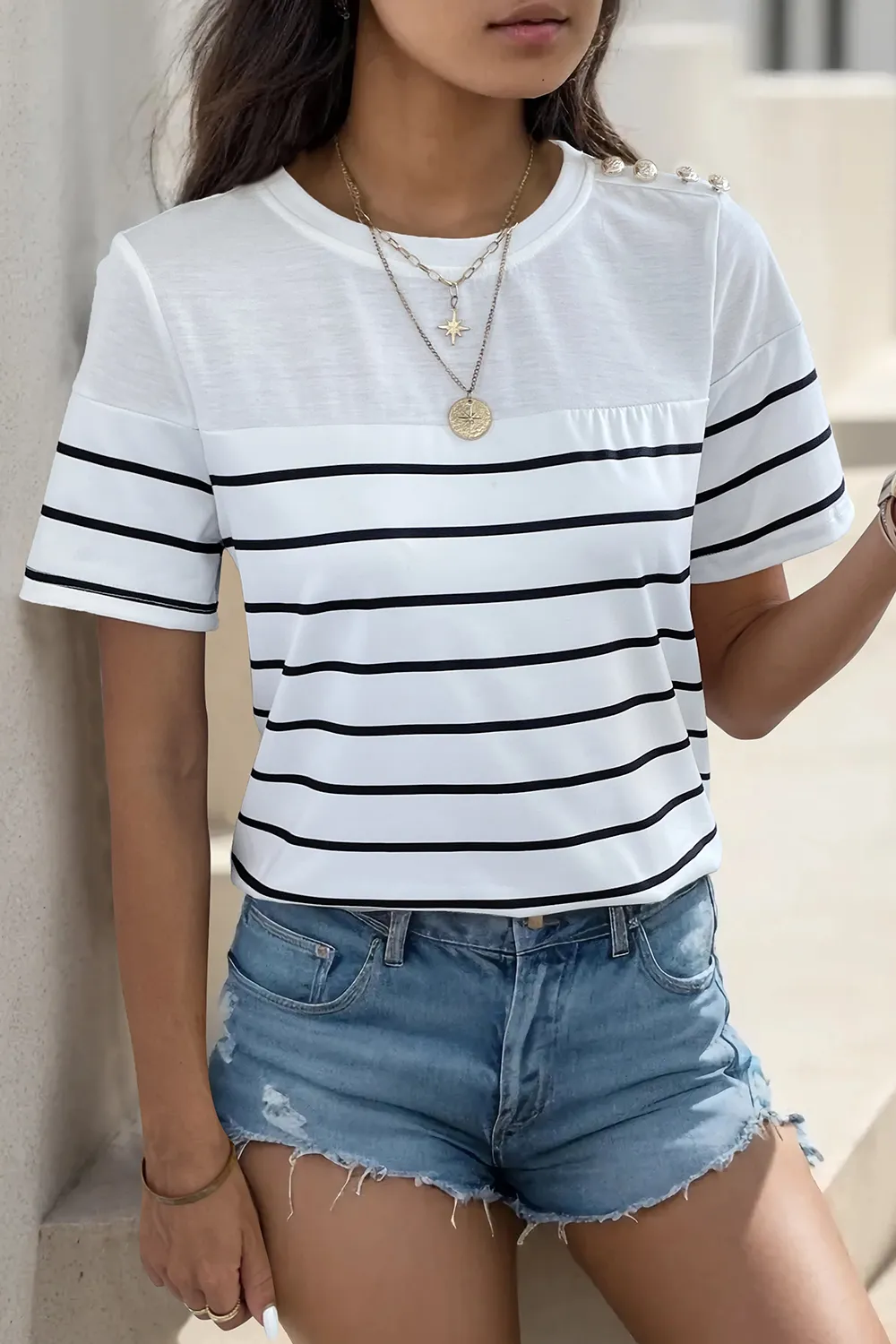 Decorative Button Striped Short Sleeve T-Shirt, image 4