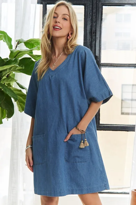 V-Neck Half Sleeve Mini Denim Dress, image 2