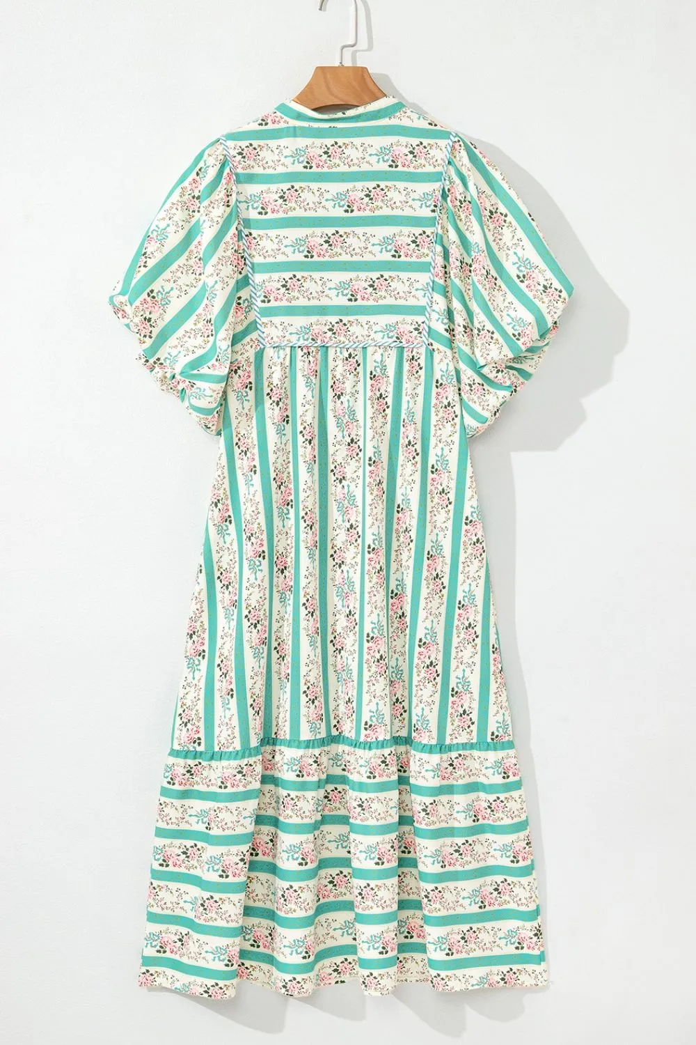 Striped Floral Print Tie Neck Puff Sleeve Midi Dress, image 5