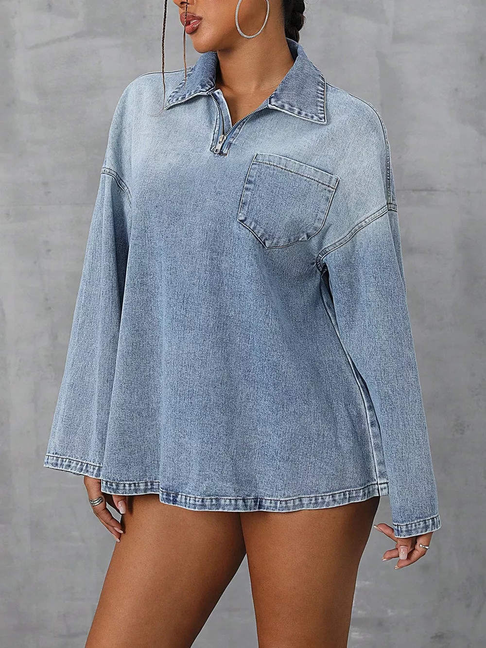 Collared Neck Drop Shoulder Denim Top, image 2