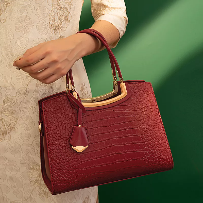Crocodile Embossed Leather Top Handle Handbag, image 2