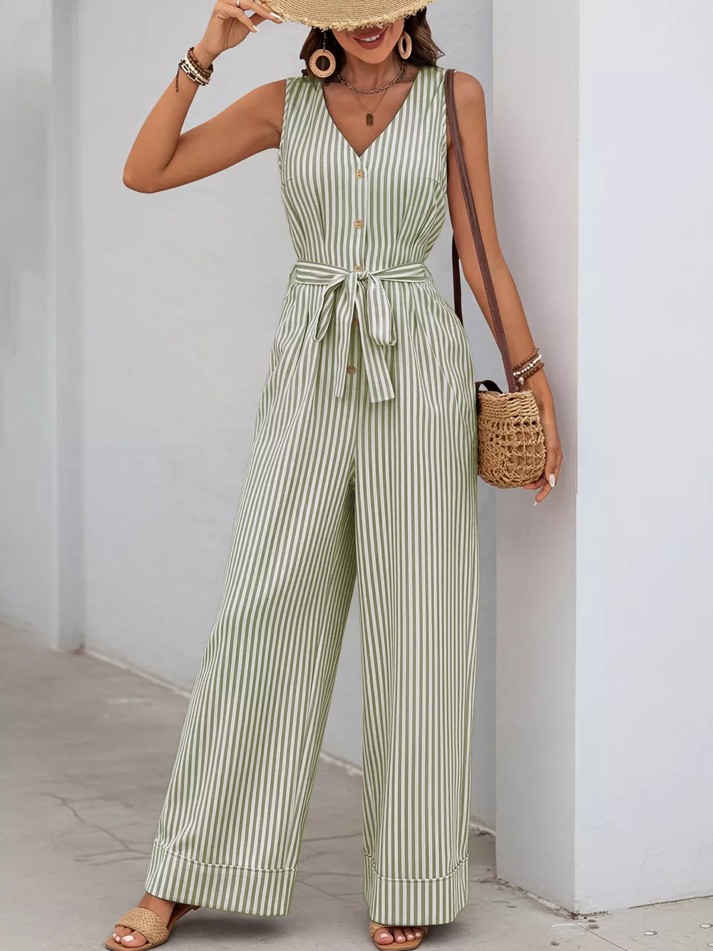Striped Button-Front Tie Waist Wide Leg Jumpsuit, image 6