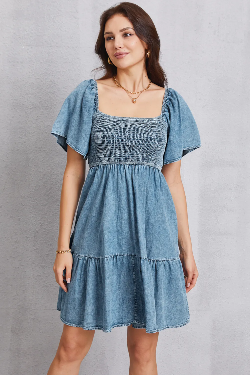 Smocked Square Neck Mini Denim Dress, image 6