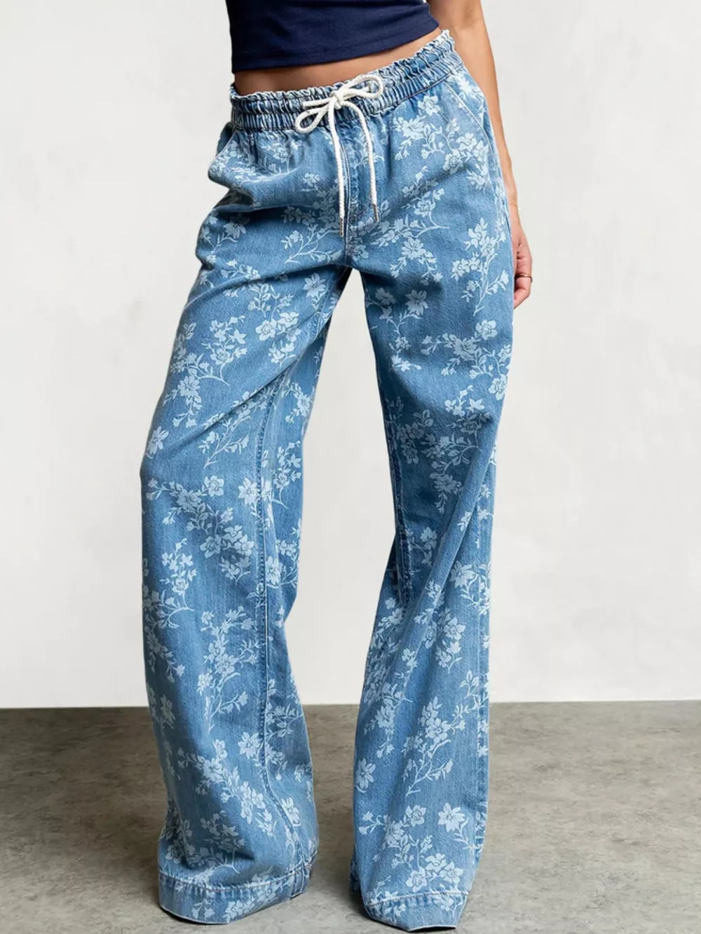 Drawstring Floral Wide-Leg Jeans