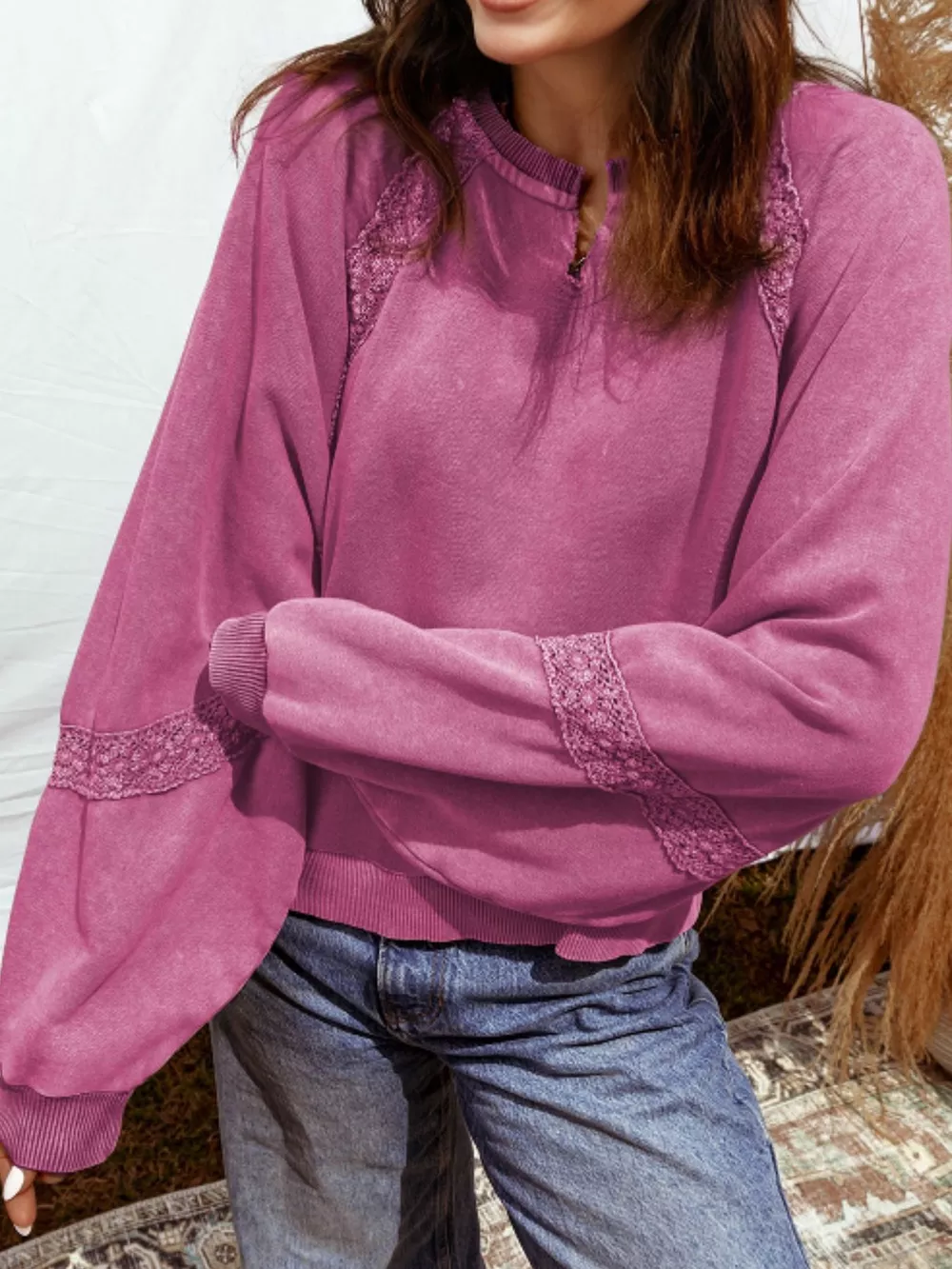 Lace Trim Long Sleeve Sweatshirt, image 2