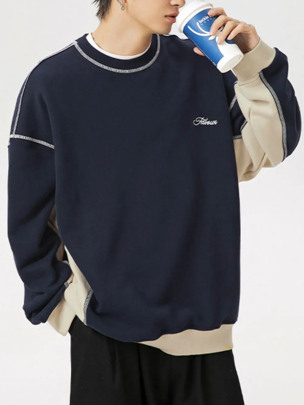 Men's Contrast Round Neck Drop Shoulder Sweatshirt, image 2
