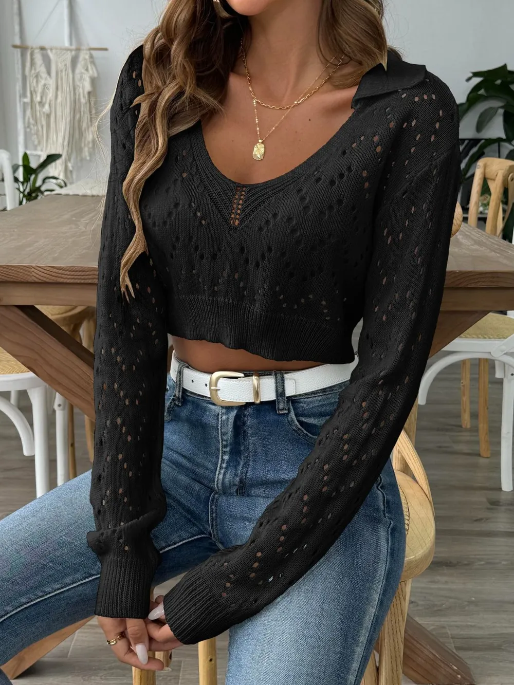 Openwork Collared Neck Long Sleeve Knit Top, image 4