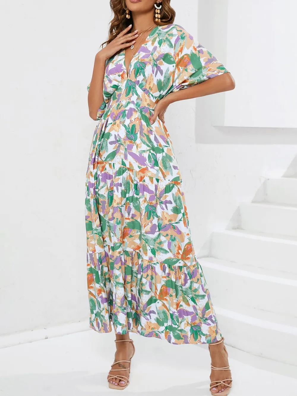 Floral Print V-neck Boho Midi Dress, image 2