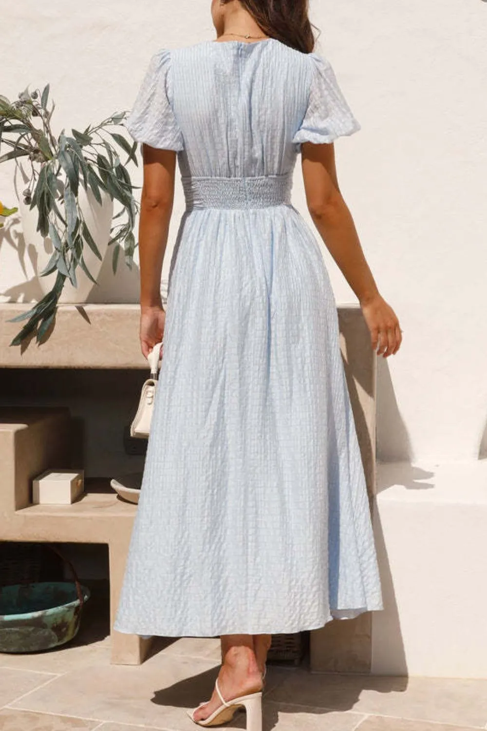 V-Neck Puff Short Sleeve Midi Dress, image 5