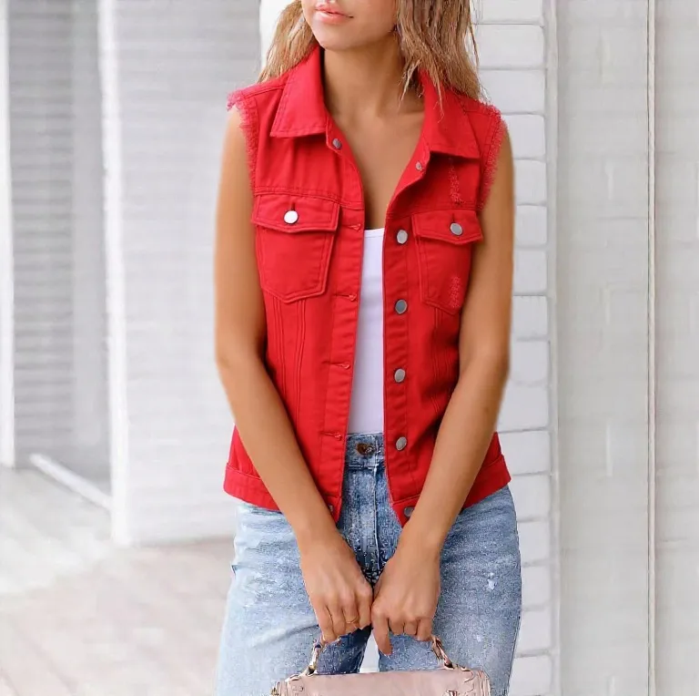 Full Size Sleeveless Frayed Denim Vest Jacket Plus Size, image 5