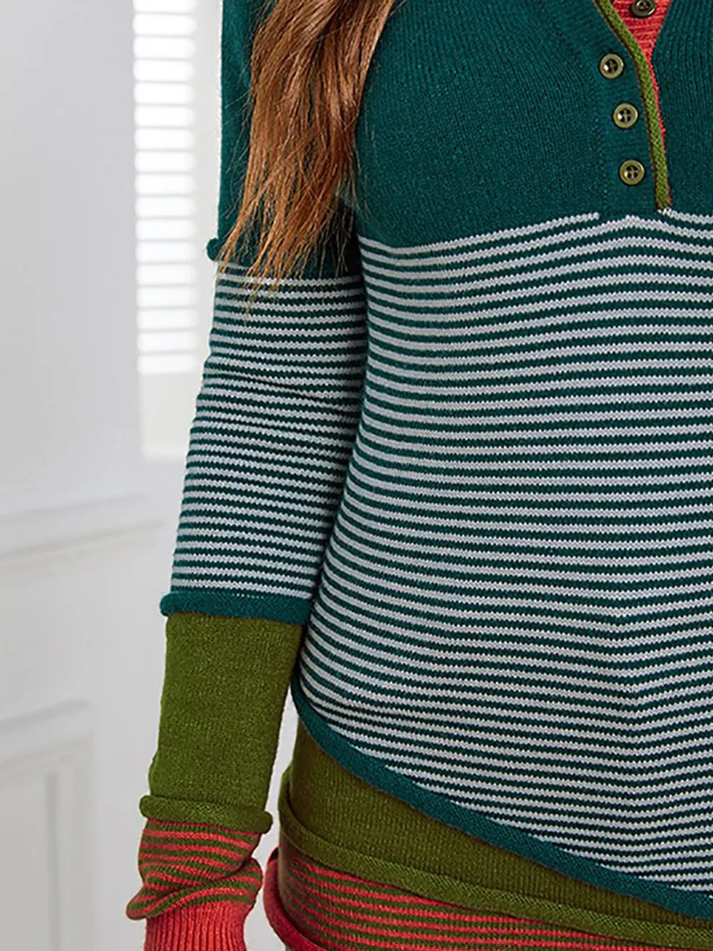 Striped Contrast Notched Long Sleeve Sweater, image 3