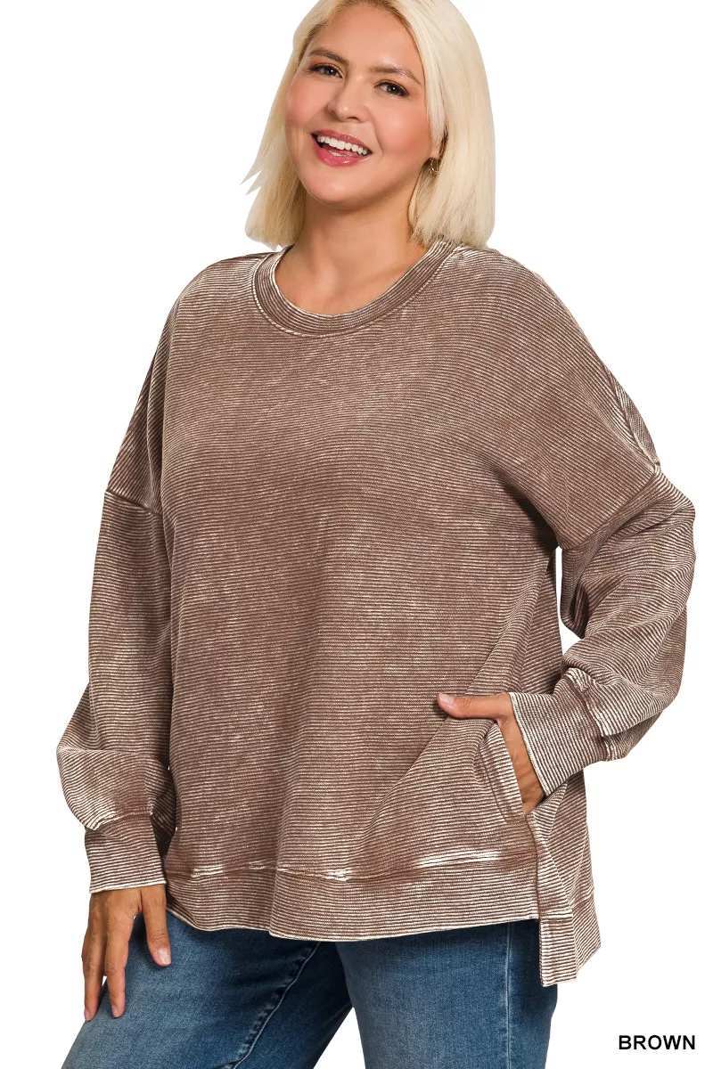 Full Size Acid Washed Double Ribbed Hi-low Sweatshirt Plus Size, image 2