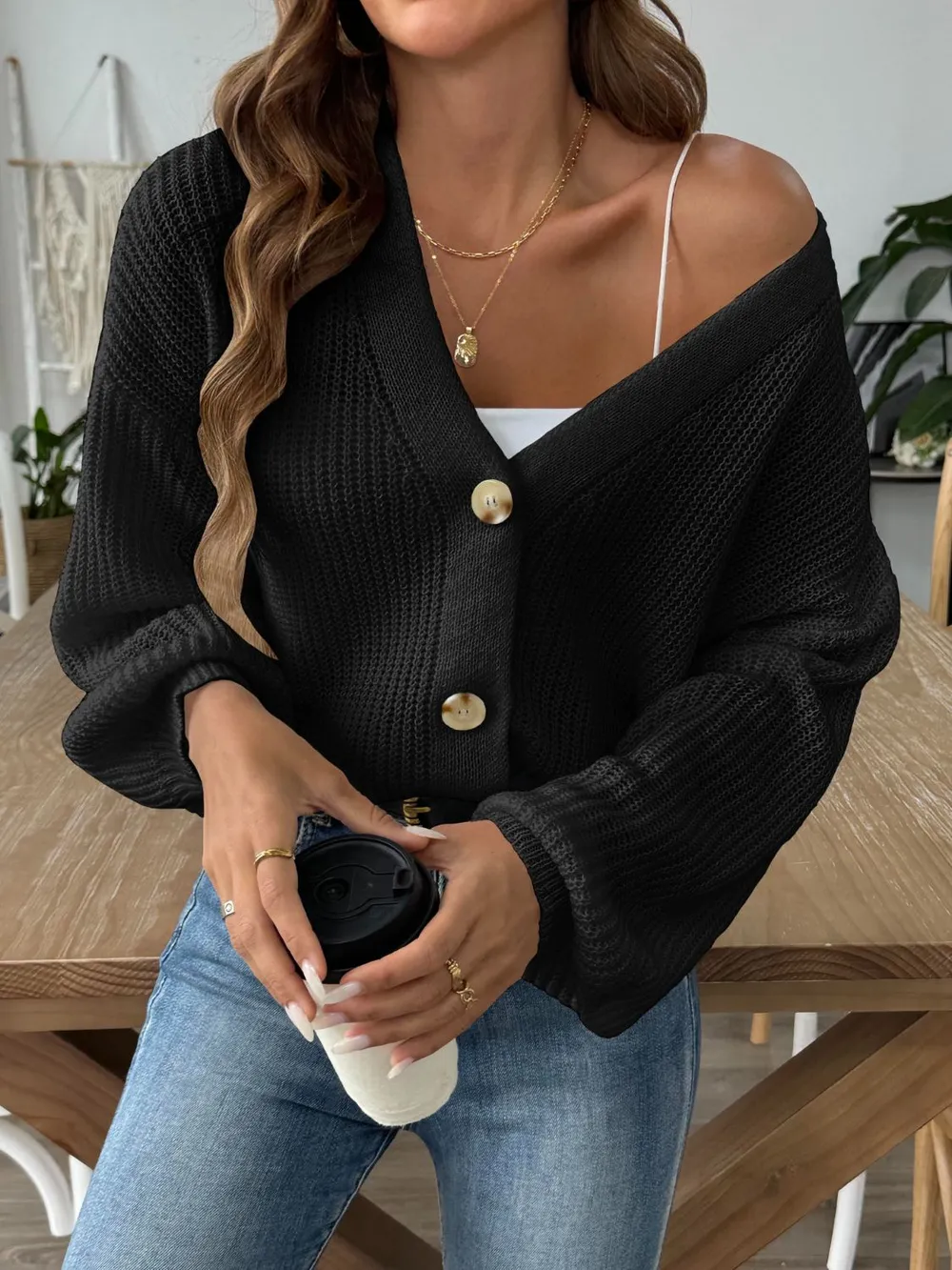 V-Neck Button Up Long Sleeve Cardigan, image 7